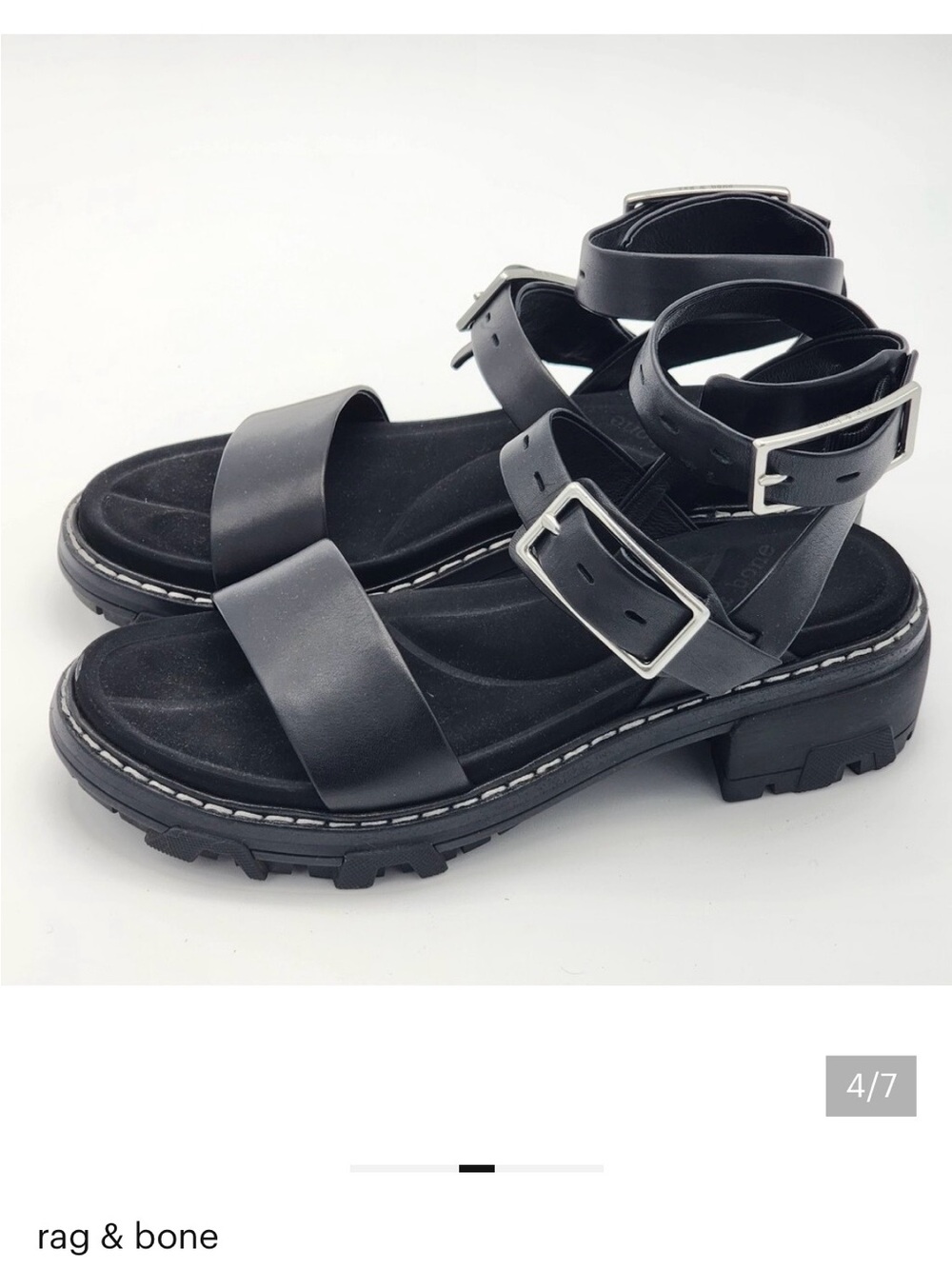 rag & bone Black Leather Lug-Sole Buckle Strap Sandals
